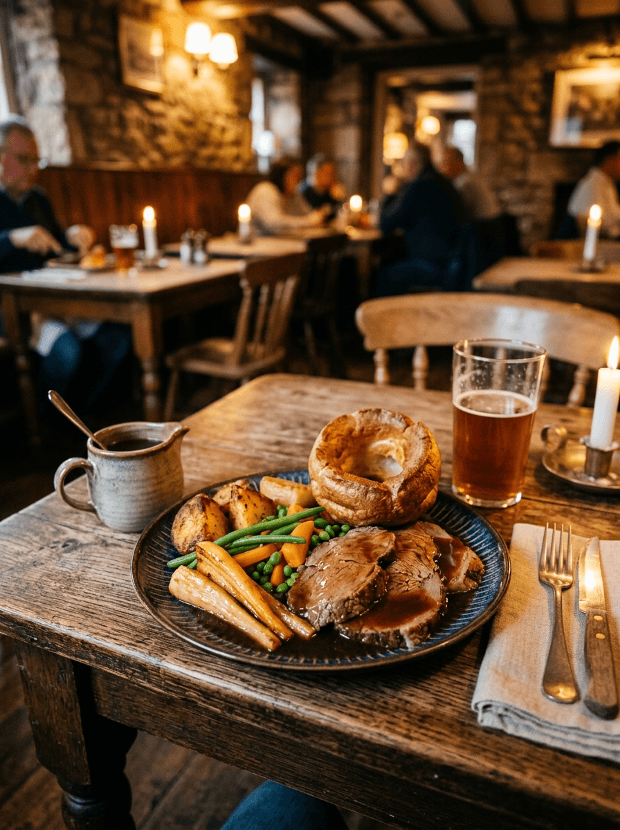 Sunday roast dinner with beef, Yorkshire pudding, roasted vegetables, and ale on a rustic table