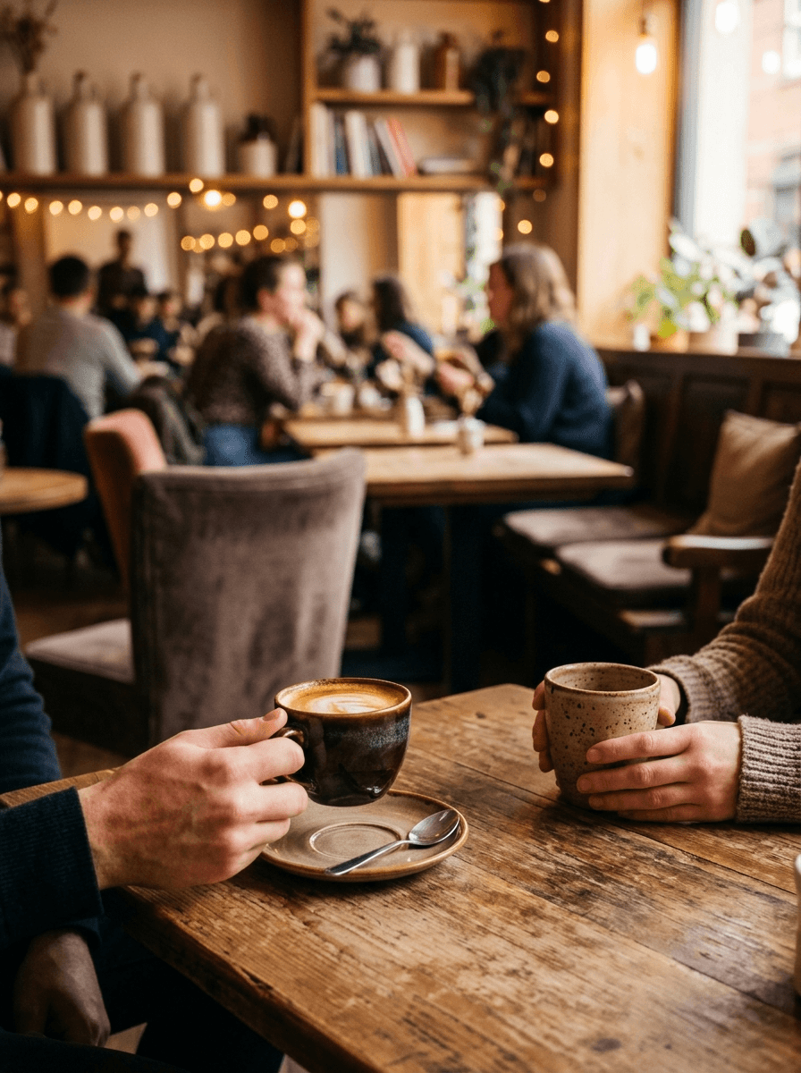 Cosy café interior with warm lighting, coffee cups, and comfortable seating