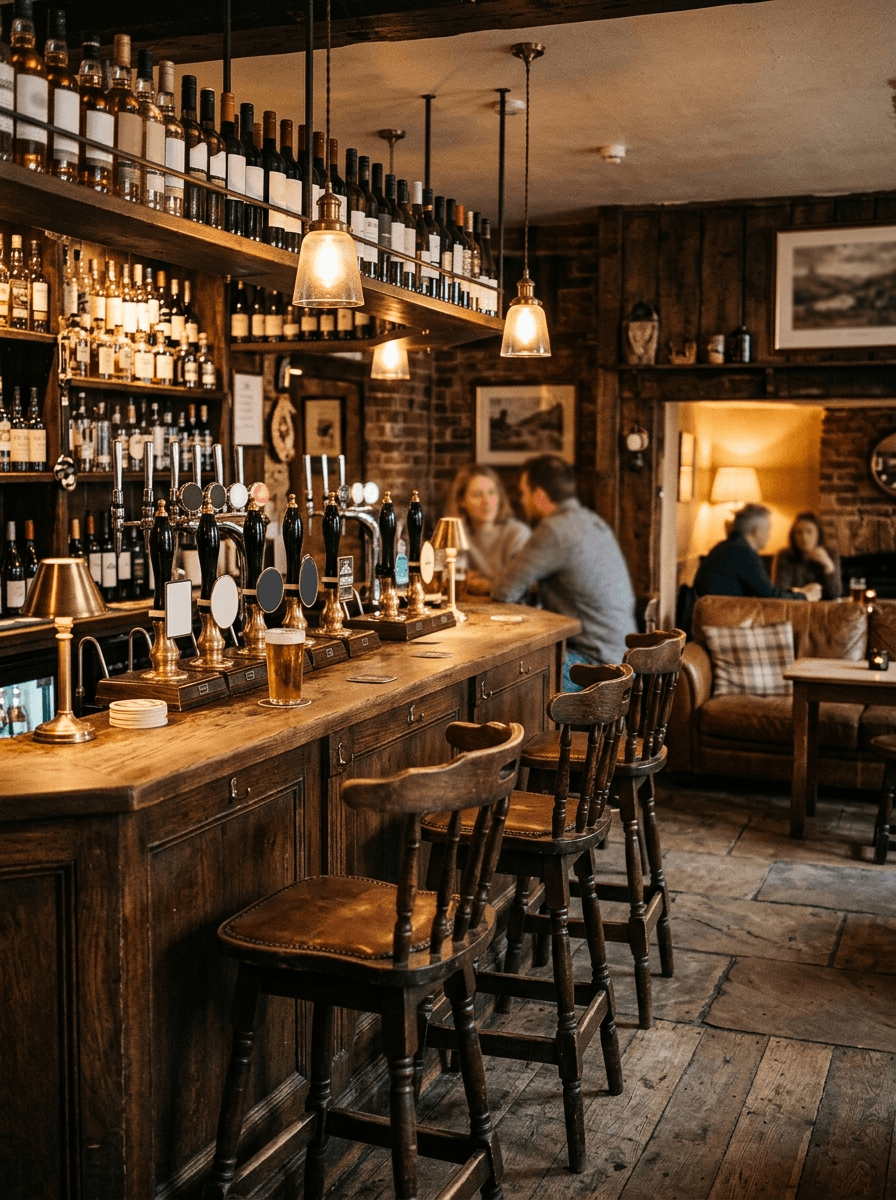 Traditional pub interior with wooden bar, beer taps, bar stools, and warm lighting