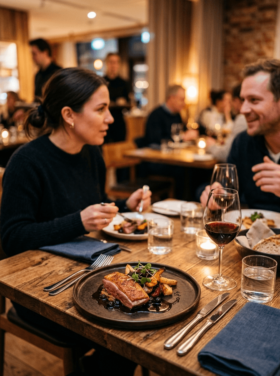 Modern restaurant dining scene with plated food, wine glasses, and warm interior lighting